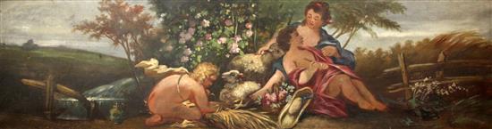 English School c.1900 Putti in classical landscapes, 17.5 x 66.5in, one 17.5 x 64in.